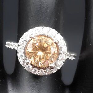 Vintage Stunning 925 Sterling Silver Ring with Champagne and White CZ